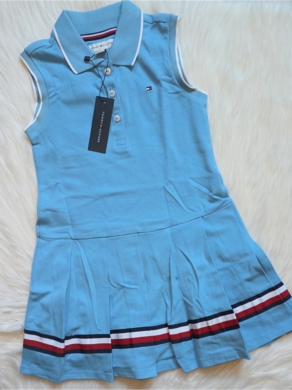 Tommy Hilfiger Girls Light Blue Sleeveless Polo Dress with Stripe Hem